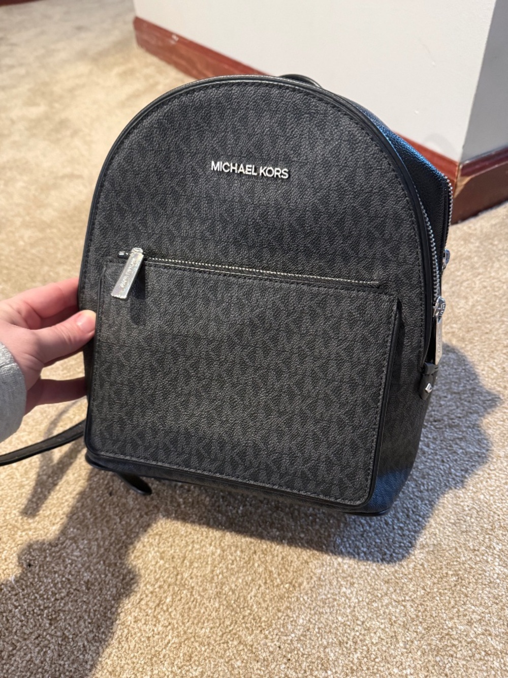 Michael Kors Black Gray Logo Backpack Women's Designer Zipper Outer Pockets
